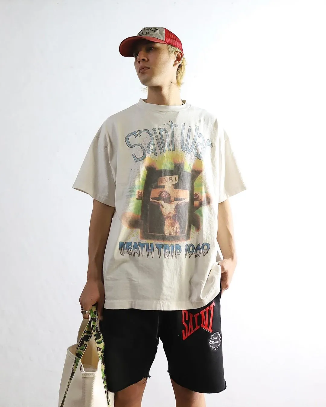 SAINT MICHAEL SAINT WAR TEE/WHAT new style Jesus cross retro short-sleeved, off-white S-XL, ready-to-wear, washed and distressed, printed repeatedly and modified, tube-woven seamless fabric, with little angel anti-counterfeiting label